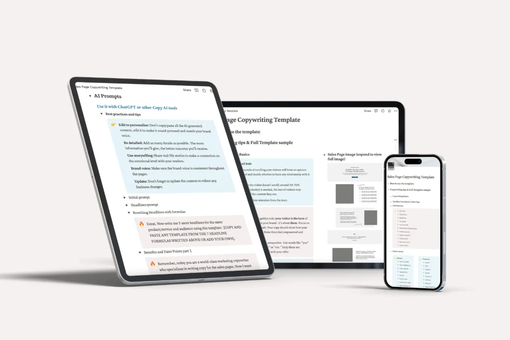 Sales page copywriting blueprint Notion template mockup